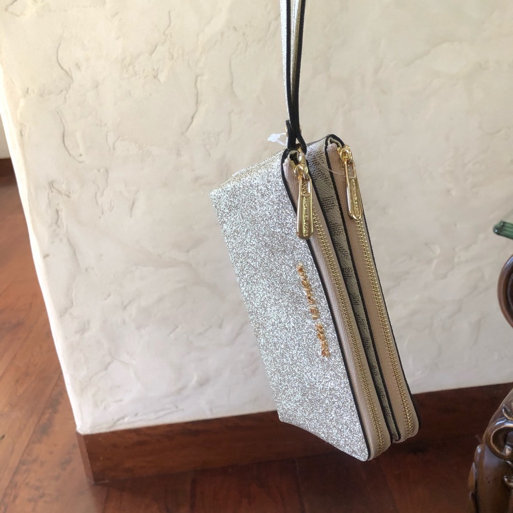 NWT Michael Kors glitter Double Zip gusset wallet - Picture 6 of 7